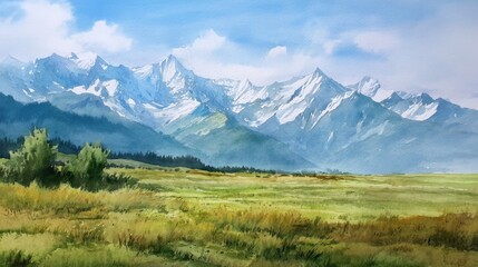 Obraz premium Scenic mountain range with snow-capped peaks under clear blue sky.