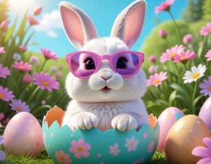 A cute, fluffy yellow chick wearing large, pink sunglasses, sitting inside an eggshell in a spring meadow. Easter background.
