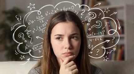 Thoughtful teenage girl, confused student thinking, math doodles, complex problem solving, education concept, question marks, algebra equations, study exam, brainstorming ideas, school homework, learn