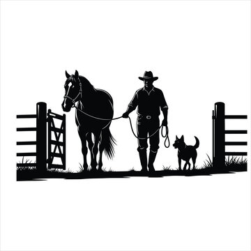 Cowboy walking horse and dog through ranch gate