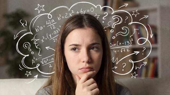 Thoughtful teenage girl, confused student thinking, math doodles, complex problem solving, education concept, question marks, algebra equations, study exam, brainstorming ideas, school homework, learn - Powered by Adobe