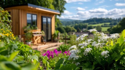 Charming Small Wooden Shed in Rural Landscape Surrounded by Vibrant Flowers