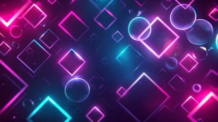 Abstract background of glowing neon geometric shapes. Pink and blue squares and circles in a cyberpunk synthwave style. Futuristic digital technology wallpaper