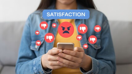 Unhappy customer giving negative feedback on smartphone. Concept of dissatisfaction, poor service experience, bad review, low rating, complaint, and business reputation damage.
