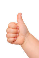 Kid hand showing the sign of Excellent close-up isolated on white background.