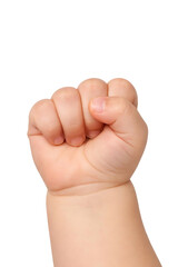 Kid hand showing the sign of fight close-up isolated on white background.