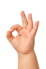 Kid hand showing the sign of okay close-up isolated on white background.