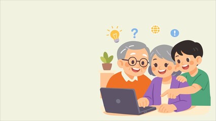 Happy Grandparents and Children Learning Technology Together Using Laptop