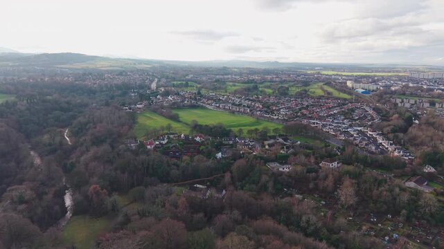 Aerial view of residential neighborhoods and urban layout in Western Edinburgh, Scotland.