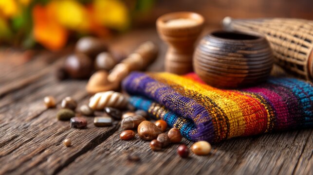 Traditional Tribal Body Paint and Scarification Artifacts on Rustic Wooden Surface