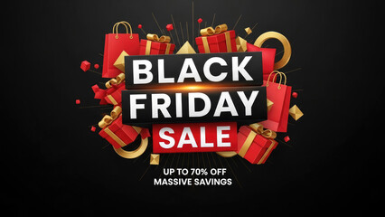 Black Friday Sale concept banner with white text, gift icons and price tags on a dark background.	