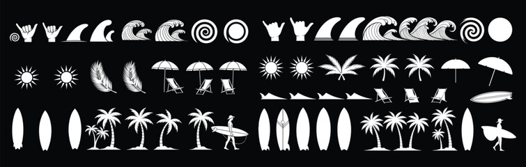 Summer beach doodle vector set with waves and surfboards. Hand drawn palm trees, umbrellas and sun icons. Tropical ocean elements for vacation designs, travel posters and seaside themed projects. © ALFINI