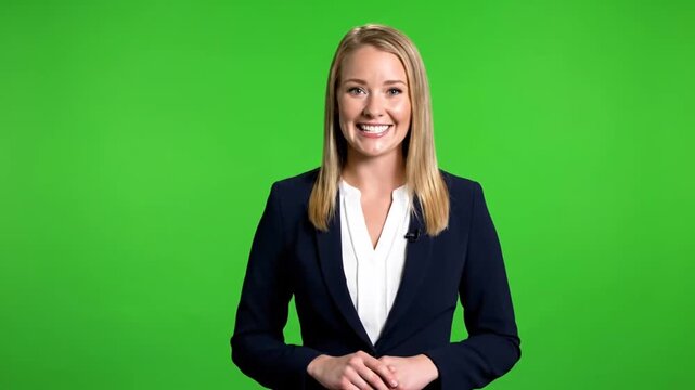 Professional Woman Presenter Speaking on Green Screen Background.