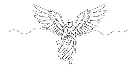 Continuous one line of a guardian angel shielding a figure, drawn vector illustration.