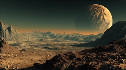 A desolate alien world with rocky mountains and a large cratered planet in the sky. Futuristic science fiction landscape for space exploration
