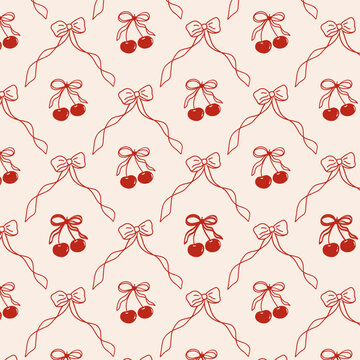 Cherry and a bows seamless pattern. Coquette ribbon frames with doodle cherries and bow, vintage whimsical border texture for fabric, wallpaper, prints, wrapping. Vector design