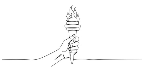 Continuous one line of a hand holding a burning torch, drawn vector illustration. © Haus