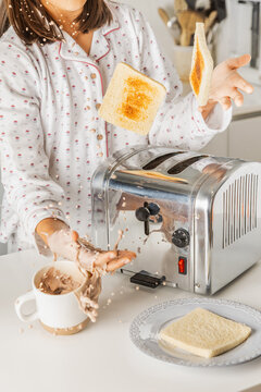Morning breakfast mishap with flying toast and coffee