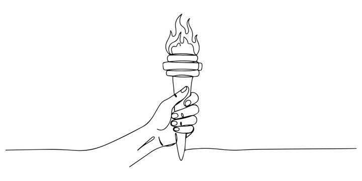 Continuous one line of a hand holding a burning torch, drawn vector illustration.