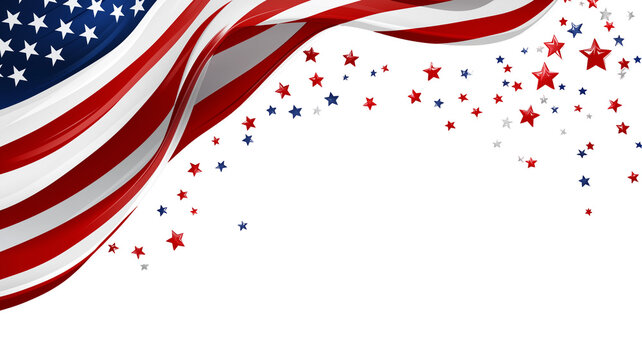 Waving USA flag banner design with falling stars, isolated on white, png