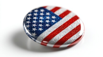 Obraz premium Glossy voting pin badge in red white blue with stars and stripes on a white background