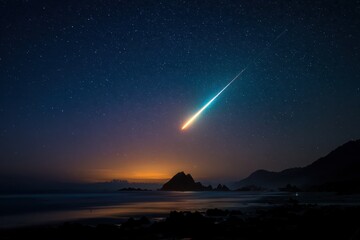 Fototapeta premium Glowing fireball entering Earth's atmosphere with a luminous tail above distant mountains