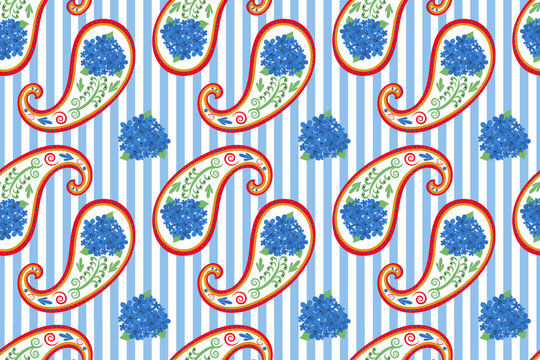  Seamless Paisley Floral Pattern with blue flowers hydrangea, vertical stripes in Italian folk style. Harmonious cashmere pattern. For fabric, packaging, wraping, summer design 