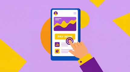 Hand touching pay button on smartphone screen with financial charts. Modern digital banking illustration showing easy transaction process. Ideal for fintech and investment app marketing.