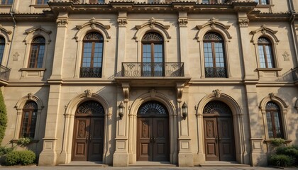  
 
A majestic antique house with classic European architecture, ornate wooden doors, tall arched windows, weathered stone walls, and intricate wrought iron details. Soft warm sunlight illuminating th