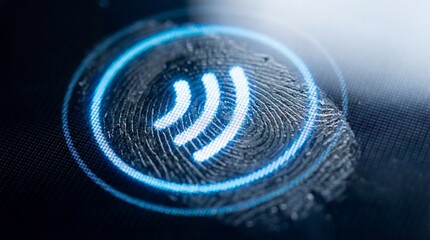 Macro shot of fingerprint on screen with glowing digital icon. Symbolizes biometric security and identity verification. Ideal for cyber safety and technology concepts.