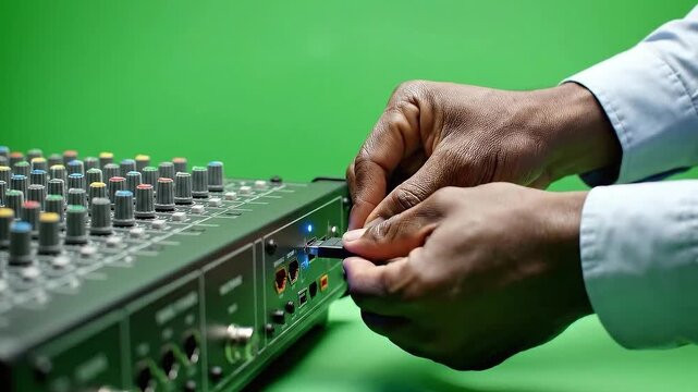 Close up on african american hands plugging in a USB cable into a professional audio mixing console on a green screen background detailed view