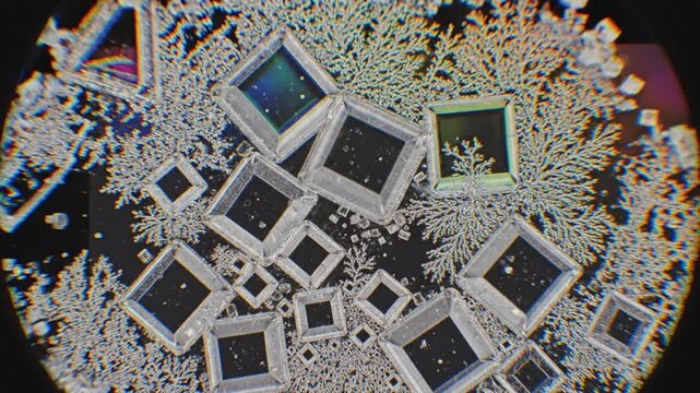 Microscopic view of salt crystals, abstract fractal patterns and geometric shapes