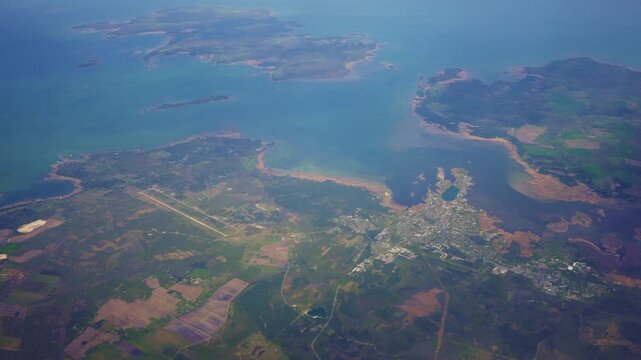 Aerial view of Vormsi island and Haapsalu city in Estonia.