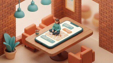 3D illustration of a woman sitting on a smartphone with map and chat bubbles in a cafe. Represents digital communication and navigation. Great for app marketing or tech concepts.