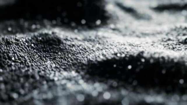 Extreme macro video: abstract monochrome texture in dark gray, black, with digital grain, rough topography. Slow dolly-in, soft volumetric light. Concept of raw digital complexity
