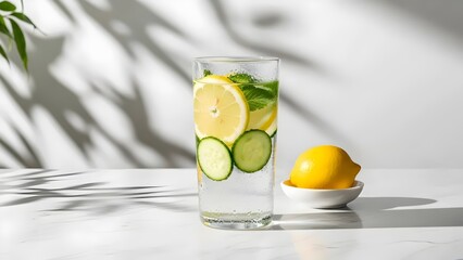 Fresh Lemon Slices in Glass of Water and Whole Lemon Isolated on White Background for Detox and Hydration Concept