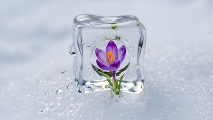 Purple crocus flower frozen inside a clear ice cube resting on a bed of white snow