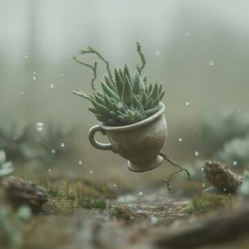 Mystical photorealistic underwater aquarium world. A vase of succulents floats in a watery space