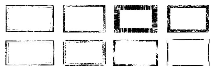 Collection of eight rectangular distressed grunge frames with black outlines and textured borders, versatile for graphic design elements and photo overlays