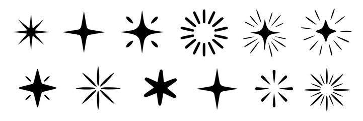 Obraz premium Collection of 12 black hand-drawn sparkle and starburst icons in flat design, isolated on a white background for graphic resources.