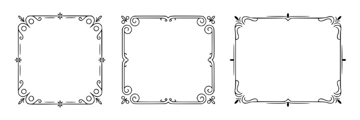 Collection of three elegant black outline vintage decorative vector frames and borders with ornate swirl details, presented on white background