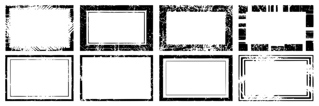 Collection of eight rectangular frames with distressed, grunge, and graphic design textures, perfect for invitations or labels.