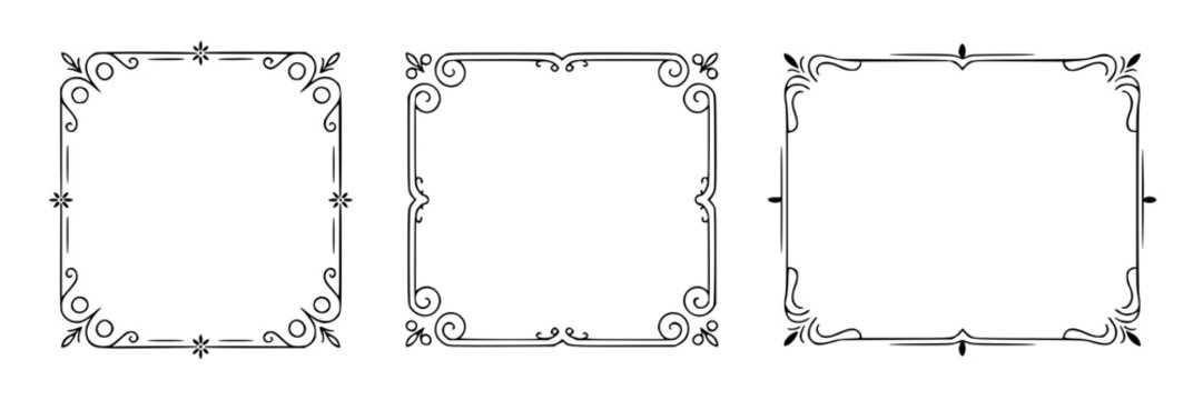 Collection of three elegant black outline vintage decorative vector frames and borders with ornate swirl details, presented on white background