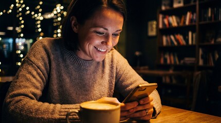 Happy woman texting on phone in coffee shop at night. Cozy atmosphere with bokeh lights. Concept of communication, social media, and relaxation.