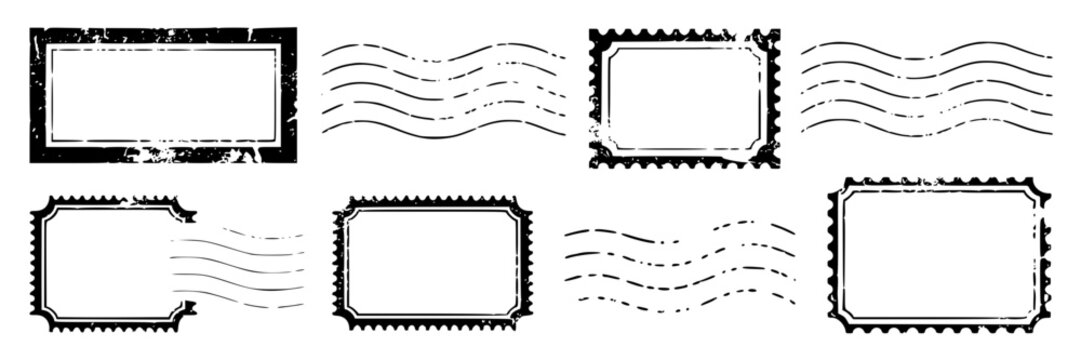 Collection of vintage postage stamp outlines and postmark wave lines in black and white distressed grunge style for graphic design