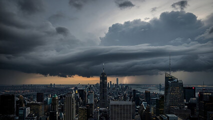A city skyline under a dark and ominous stormy sky with thick clouds