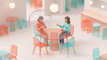 3D render of woman in bubble ignoring friend at cafe. Depicts social disconnection and digital distraction. Ideal for psychology or technology articles.