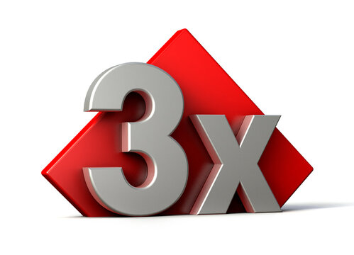 3X 3D metallic text with red geometric background. 3d illustration.