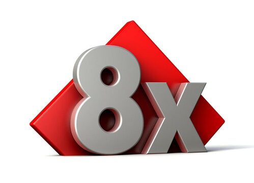 8X 3D metallic text with red geometric background. 3d illustration.