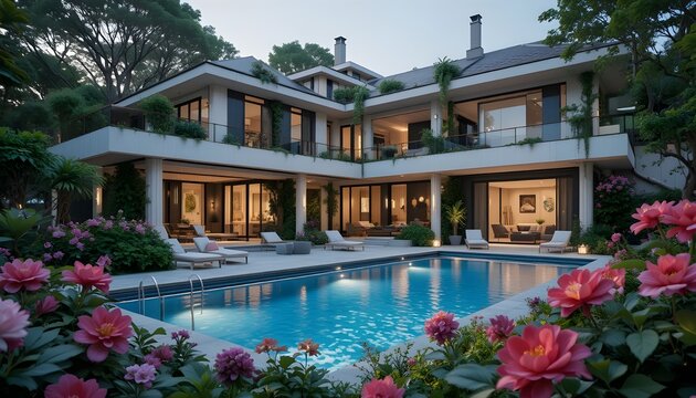  
A luxurious modern house surrounded by a lush garden with large, vibrant flowers in full bloom. Outside, a stylish seating area and a sparkling swimming pool enhance the outdoor space. Elegant archi